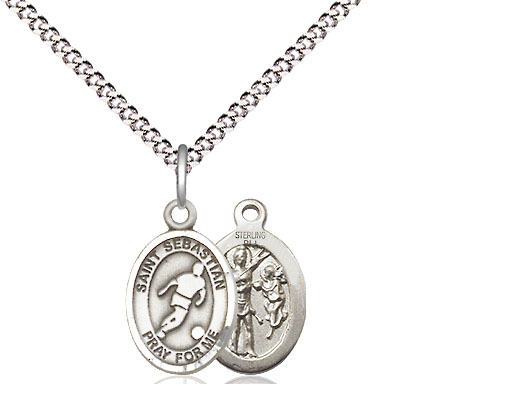 Sterling Silver Saint Sebastian Soccer Pendant on a 18 inch Light Rhodium Light Curb chain