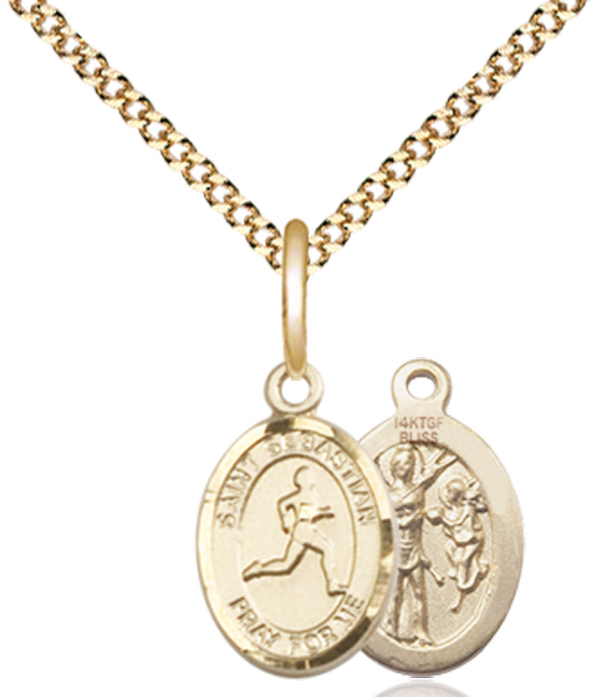 14kt Gold Filled Saint Sebastian Track and Field Pendant on a 18 inch Gold Plate Light Curb chain