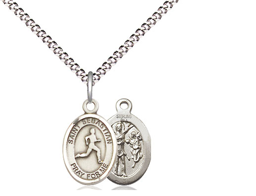 Sterling Silver Saint Sebastian Track and Field Pendant on a 18 inch Light Rhodium Light Curb chain