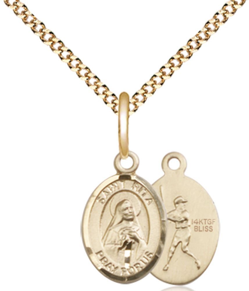 14kt Gold Filled Saint Rita Baseball Pendant on a 18 inch Gold Plate Light Curb chain