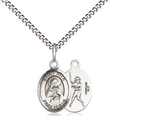 Sterling Silver Saint Rita Baseball Pendant on a 18 inch Light Rhodium Light Curb chain