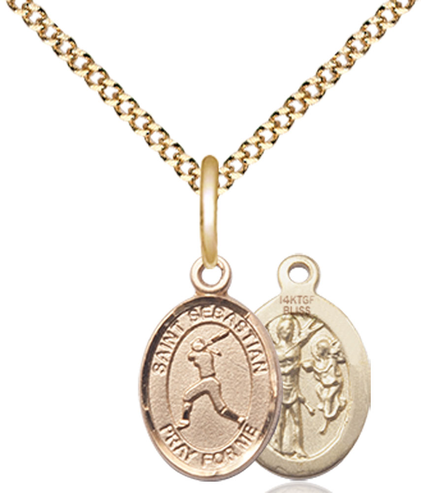 14kt Gold Filled Saint Sebastian  Softball Pendant on a 18 inch Gold Plate Light Curb chain