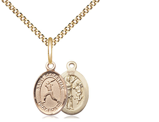 14kt Gold Filled Saint Sebastian  Softball Pendant on a 18 inch Gold Plate Light Curb chain