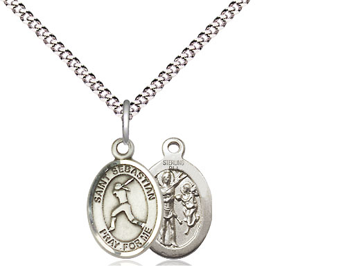 Sterling Silver Saint Sebastian  Softball Pendant on a 18 inch Light Rhodium Light Curb chain