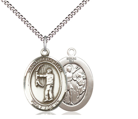 Sterling Silver Saint Sebastian Archery Pendant on a 18 inch Light Rhodium Light Curb chain