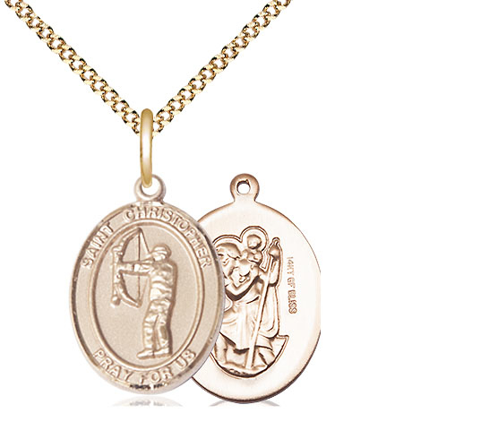 14kt Gold Filled Saint Christopher Archery Pendant on a 18 inch Gold Plate Light Curb chain