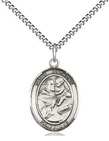 Sterling Silver Saint Anthony of Padua Pendant on a 18 inch Light Rhodium Light Curb chain