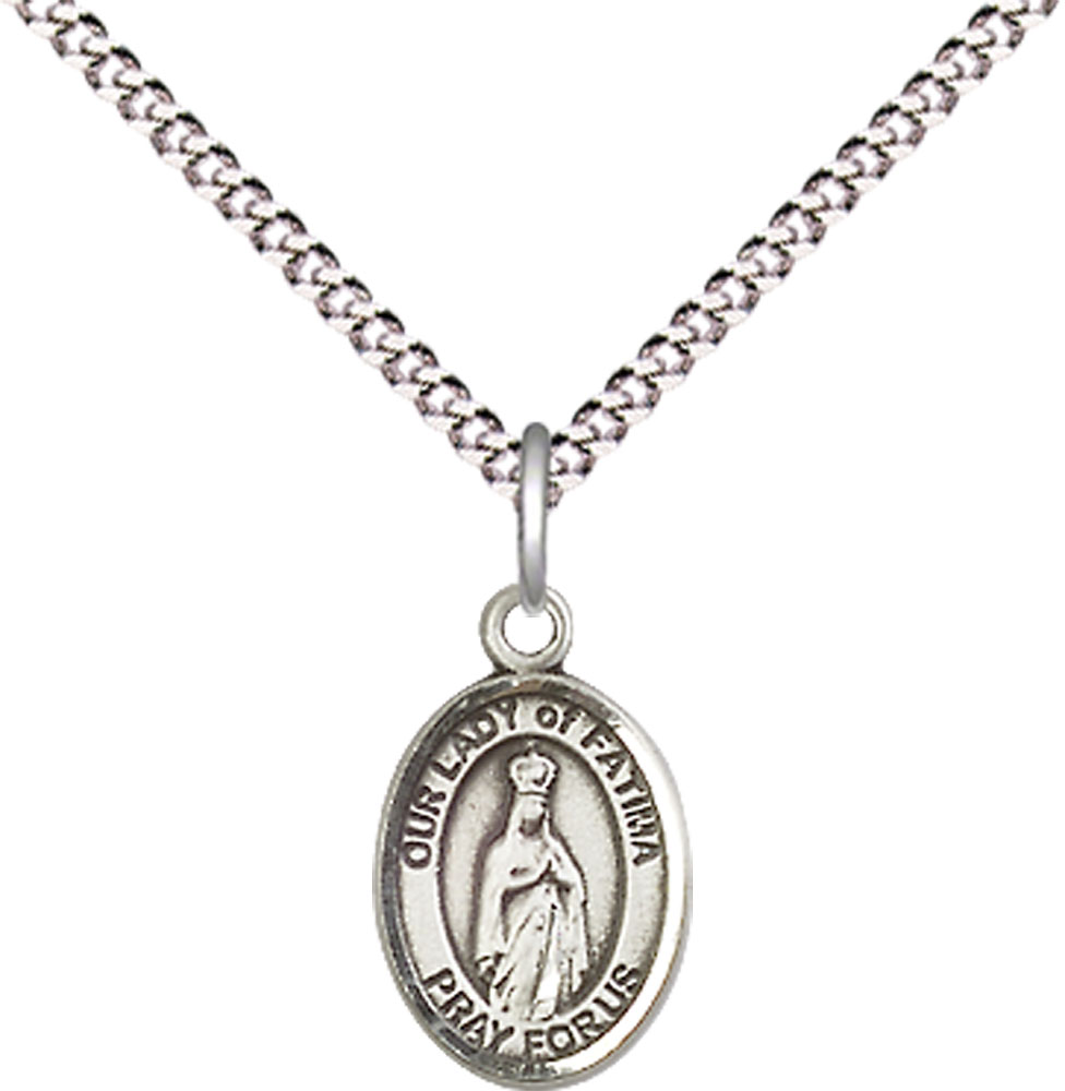 Sterling Silver Our Lady of Fatima Pendant on a 18 inch Light Rhodium Light Curb chain