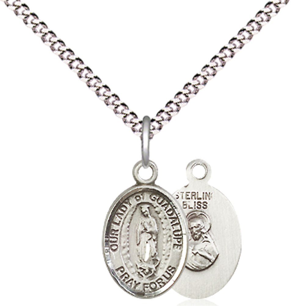 Sterling Silver Our Lady of Guadalupe Pendant on a 18 inch Light Rhodium Light Curb chain
