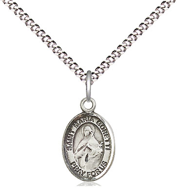 Sterling Silver Saint Maria Goretti Pendant on a 18 inch Light Rhodium Light Curb chain