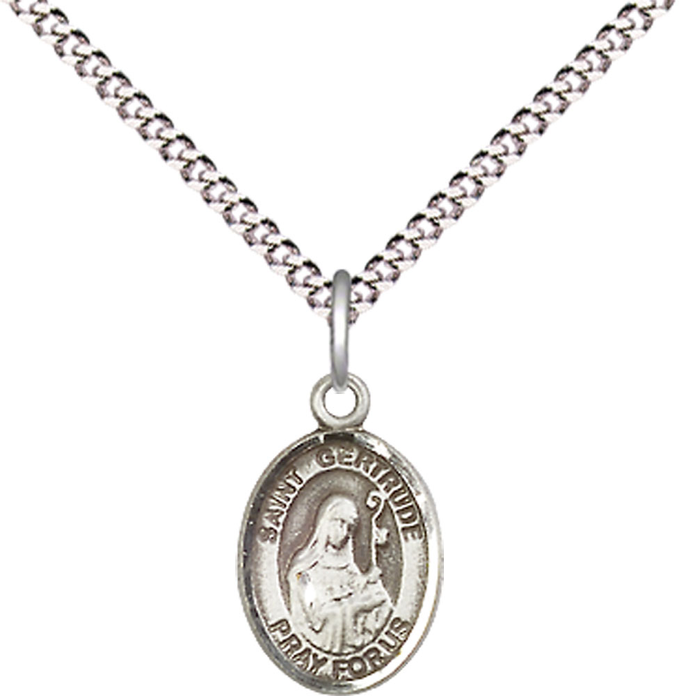 Sterling Silver Saint Gertrude of Nivelles Pendant on a 18 inch Light Rhodium Light Curb chain