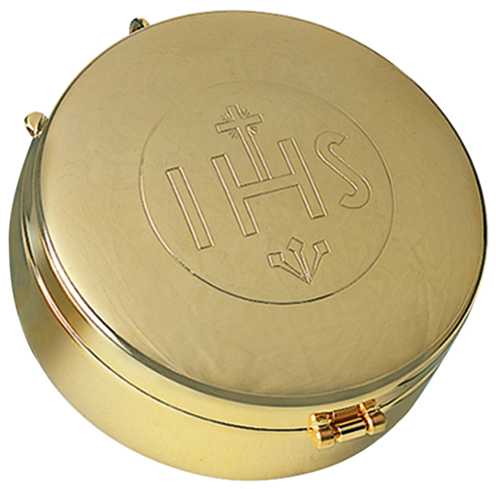 Hospital Pyx.  24k gold plated, hinged cover.  3-1/4&quot; dia., 75 host cap.