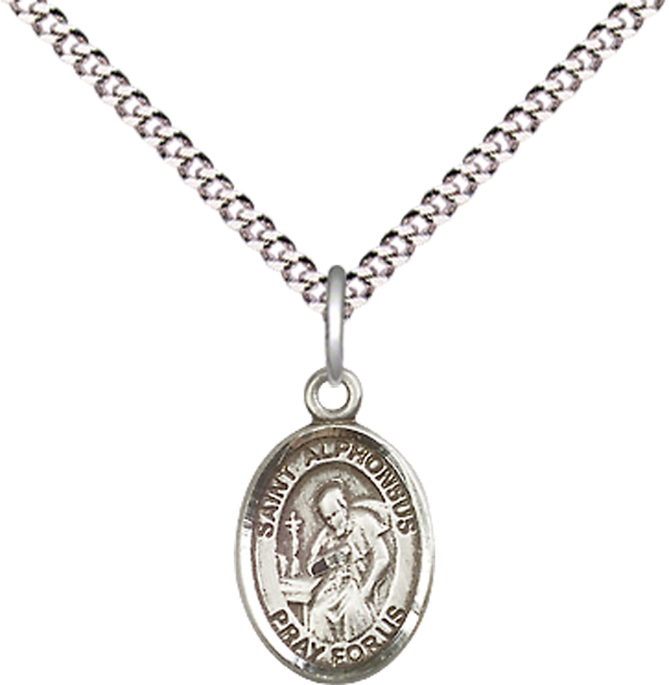 Sterling Silver Saint Alphonsus Pendant on a 18 inch Light Rhodium Light Curb chain