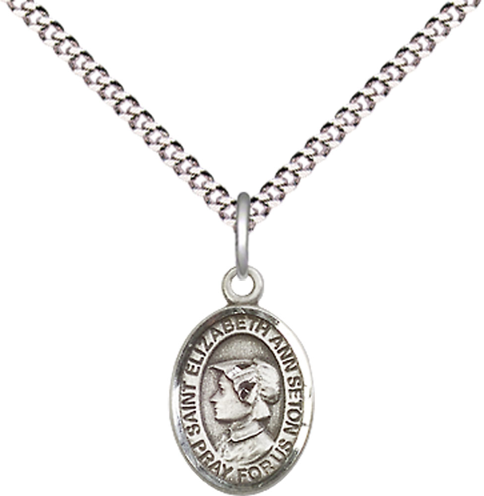 Sterling Silver Saint Elizabeth Ann Seton Pendant on a 18 inch Light Rhodium Light Curb chain