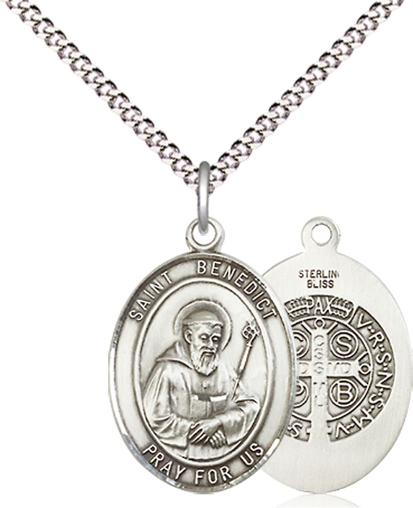 Sterling Silver Saint Benedict Pendant on a 18 inch Light Rhodium Light Curb chain