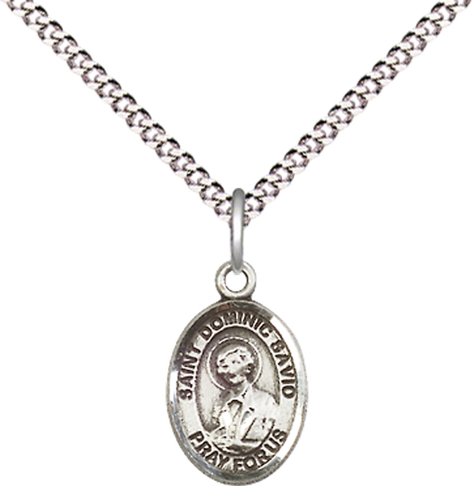 Sterling Silver Saint Dominic Savio Pendant on a 18 inch Light Rhodium Light Curb chain