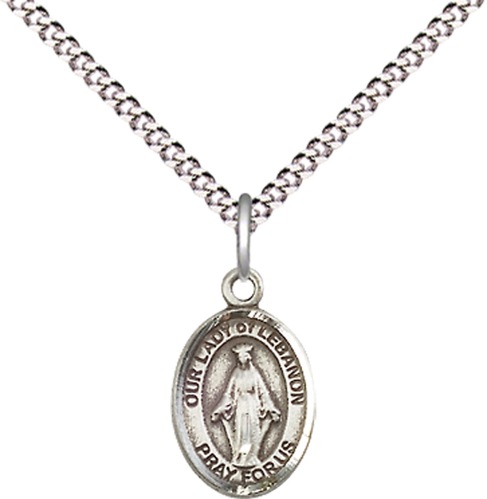Sterling Silver Our Lady of Lebanon Pendant on a 18 inch Light Rhodium Light Curb chain