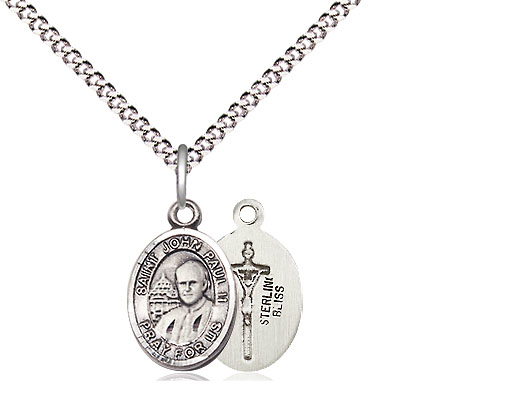 Sterling Silver Saint John Paul II Pendant on a 18 inch Light Rhodium Light Curb chain