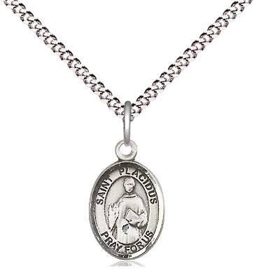 Sterling Silver Saint Placidus Pendant on a 18 inch Light Rhodium Light Curb chain