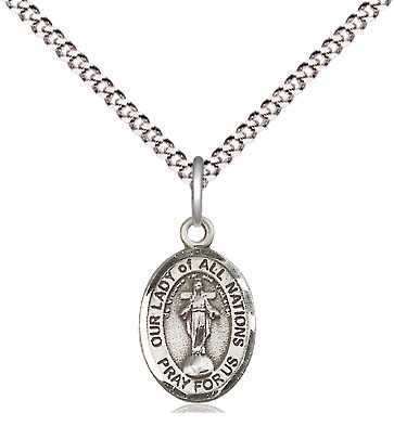 Sterling Silver Our Lady of All Nations Pendant on a 18 inch Light Rhodium Light Curb chain