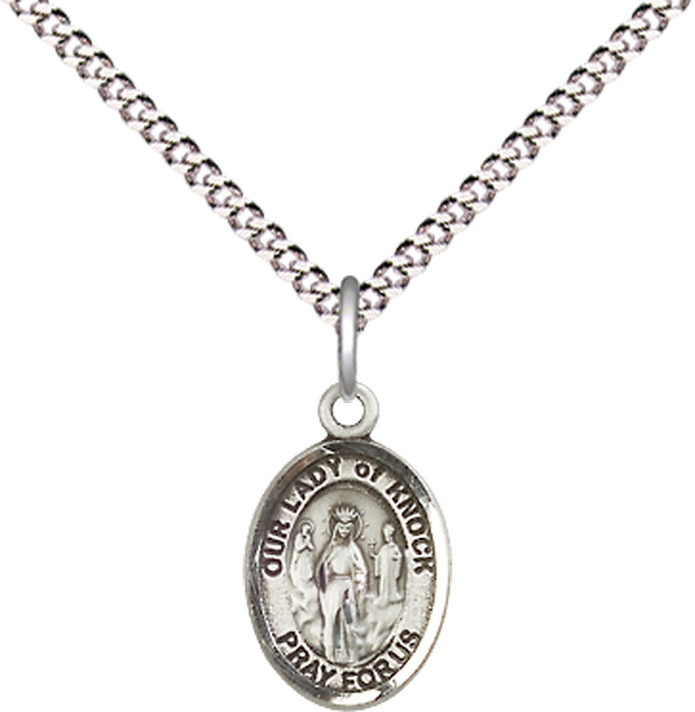 Sterling Silver Our Lady of Knock Pendant on a 18 inch Light Rhodium Light Curb chain