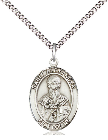 Sterling Silver Saint Alexander Sauli Pendant on a 18 inch Light Rhodium Light Curb chain