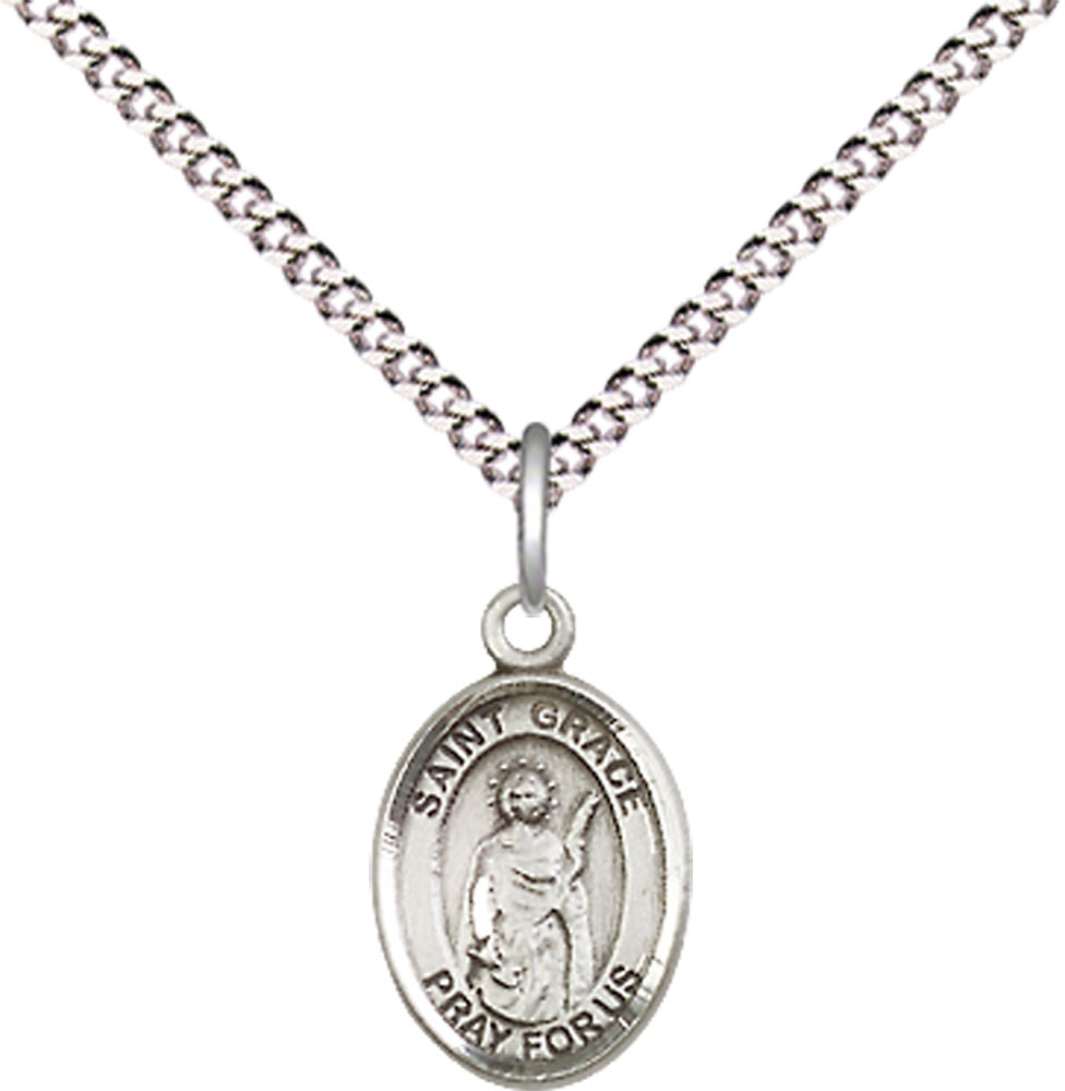 Sterling Silver Saint Grace Pendant on a 18 inch Light Rhodium Light Curb chain