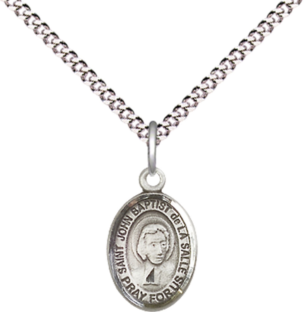 Sterling Silver Saint John Baptist de la Salle Pendant on a 18 inch Light Rhodium Light Curb chain