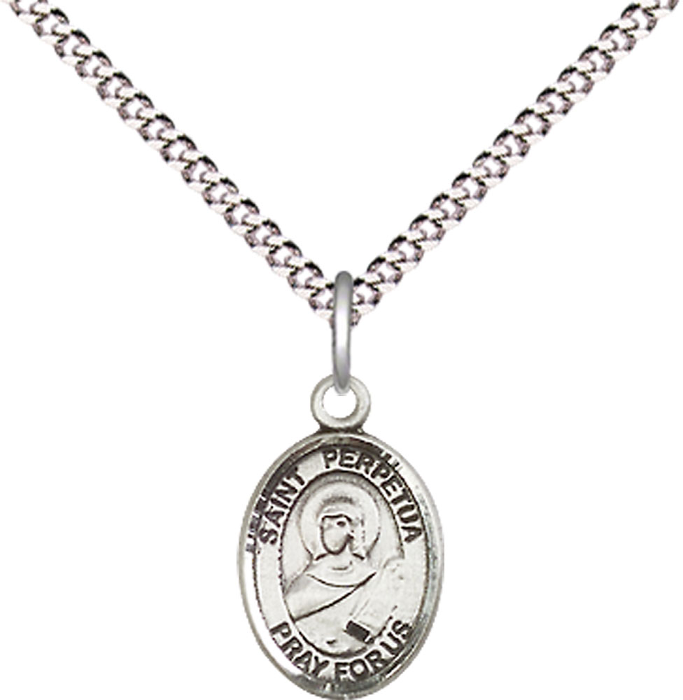 Sterling Silver Saint Perpetua Pendant on a 18 inch Light Rhodium Light Curb chain