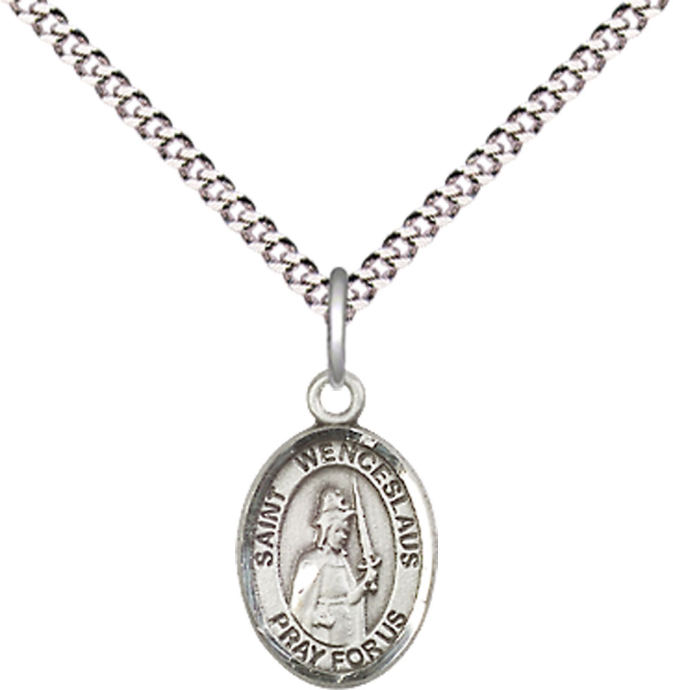 Sterling Silver Saint Wenceslaus Pendant on a 18 inch Light Rhodium Light Curb chain