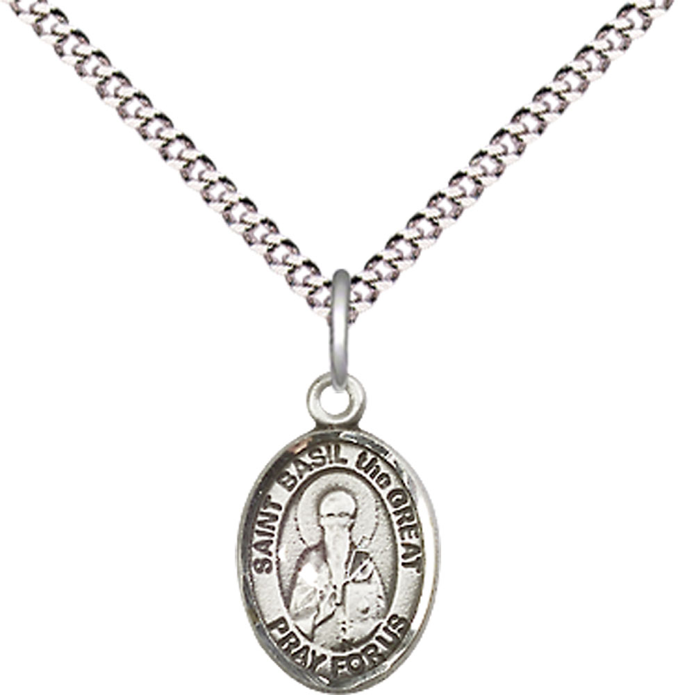 Sterling Silver Saint Basil the Great Pendant on a 18 inch Light Rhodium Light Curb chain