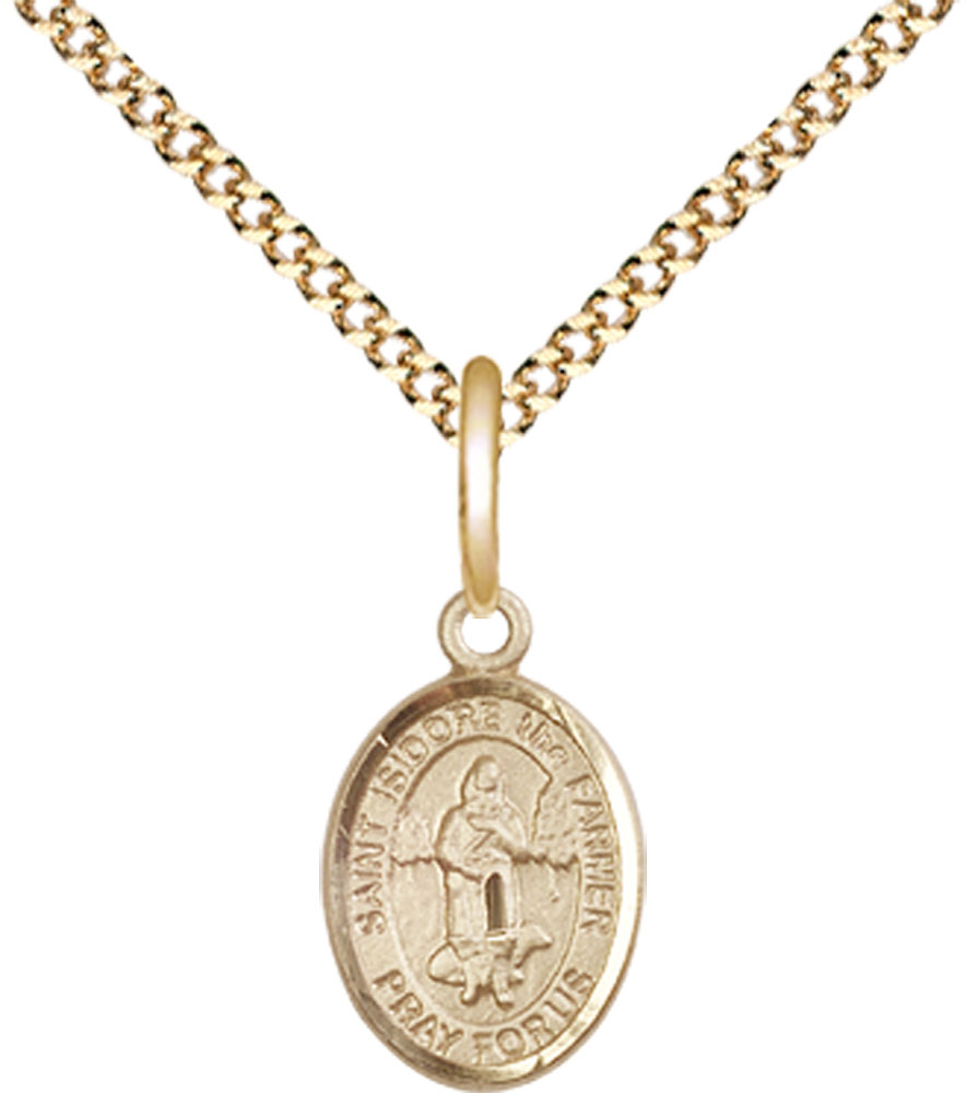 14kt Gold Filled Saint Isidore the Farmer Pendant on a 18 inch Gold Plate Light Curb chain