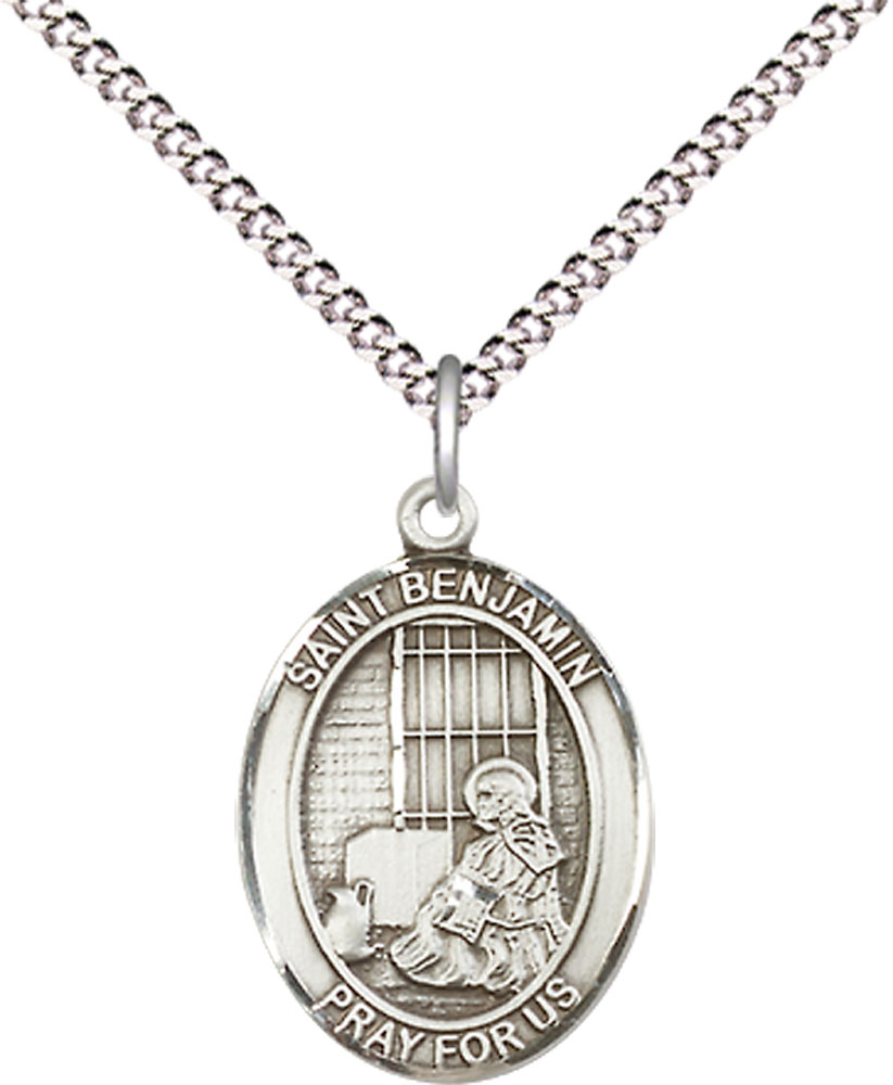 Sterling Silver Saint Benjamin Pendant on a 18 inch Light Rhodium Light Curb chain