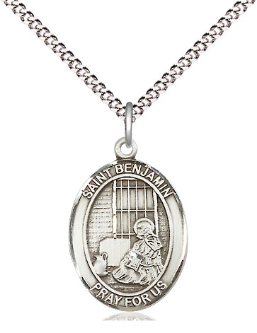 Sterling Silver Saint Benjamin Pendant on a 18 inch Light Rhodium Light Curb chain
