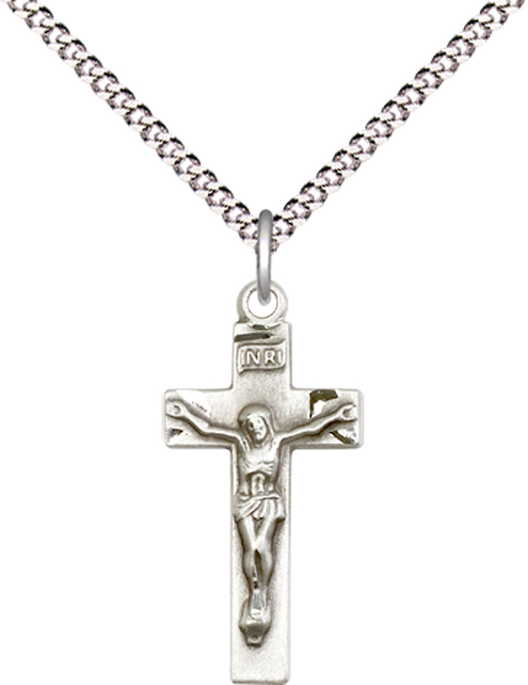Sterling Silver Crucifix Pendant on a 18 inch Light Rhodium Light Curb chain
