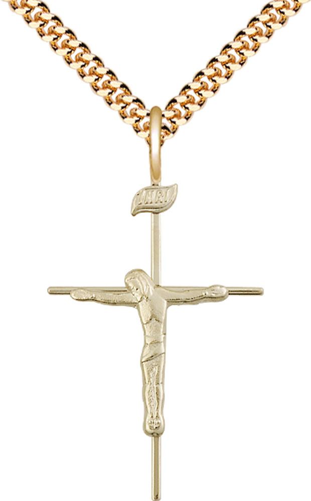 14kt Gold Filled Crucifix Pendant on a 24 inch Gold Plate Heavy Curb chain