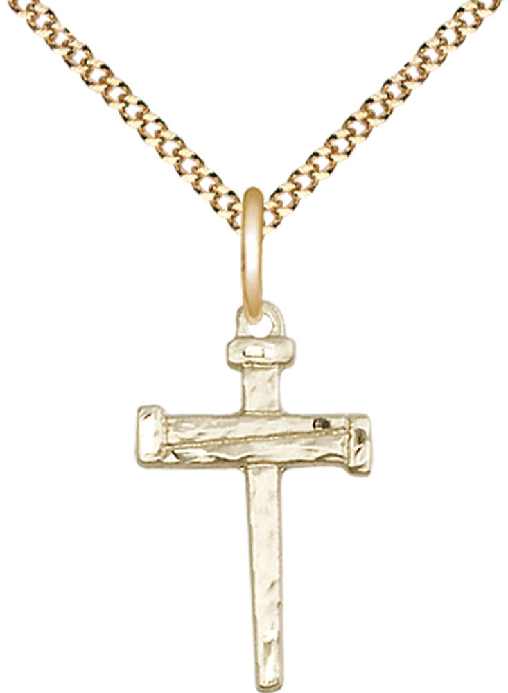 14kt Gold Filled Nail Cross Pendant on a 18 inch Gold Plate Light Curb chain