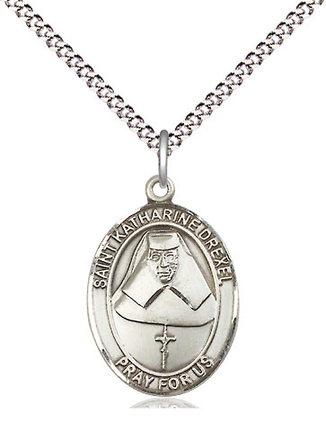 Sterling Silver Saint Katharine Drexel Pendant on a 18 inch Light Rhodium Light Curb chain