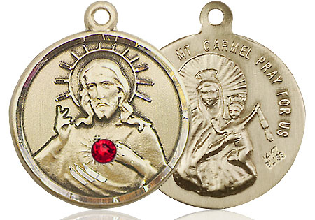 14kt Gold Scapular w/ Ruby Stone Medal with a 3mm Ruby Swarovski stone