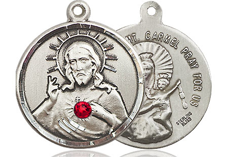 Sterling Silver Scapular w/ Ruby Stone Medal with a 3mm Ruby Swarovski stone