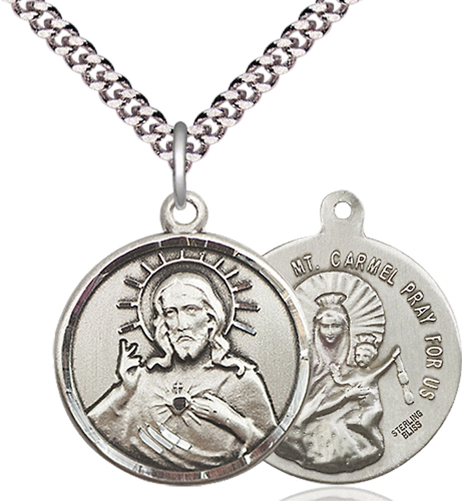 Sterling Silver Scapular Pendant on a 24 inch Light Rhodium Heavy Curb chain