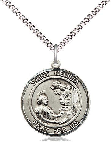 Sterling Silver Saint Cecilia Pendant on a 18 inch Light Rhodium Light Curb chain