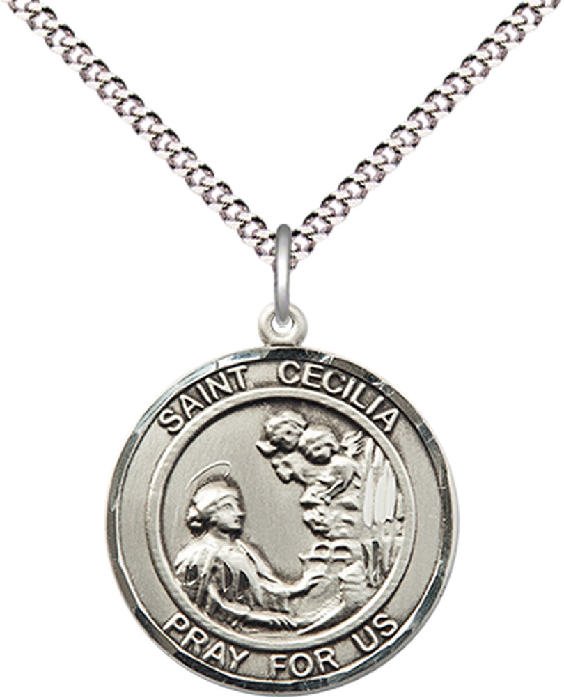 Sterling Silver Saint Cecilia Pendant on a 18 inch Light Rhodium Light Curb chain