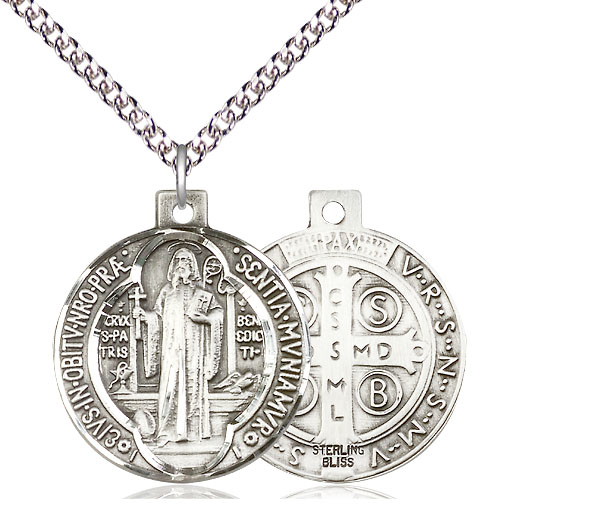 Sterling Silver Saint Benedict Pendant on a 24 inch Sterling Silver Heavy Curb chain