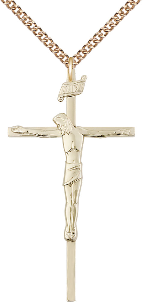 14kt Gold Filled Crucifix Pendant on a 24 inch Gold Filled Heavy Curb chain