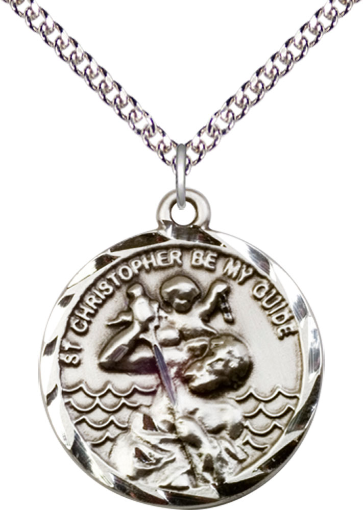 Sterling Silver Saint Christopher Pendant on a 24 inch Sterling Silver Heavy Curb chain