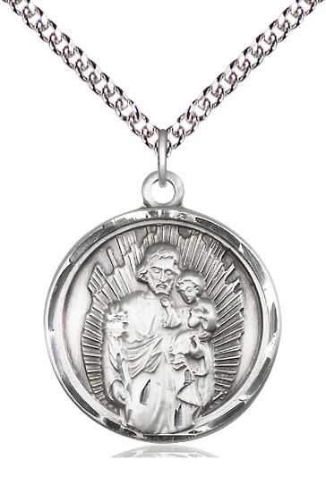 Sterling Silver Saint Joseph Pendant on a 24 inch Sterling Silver Heavy Curb chain