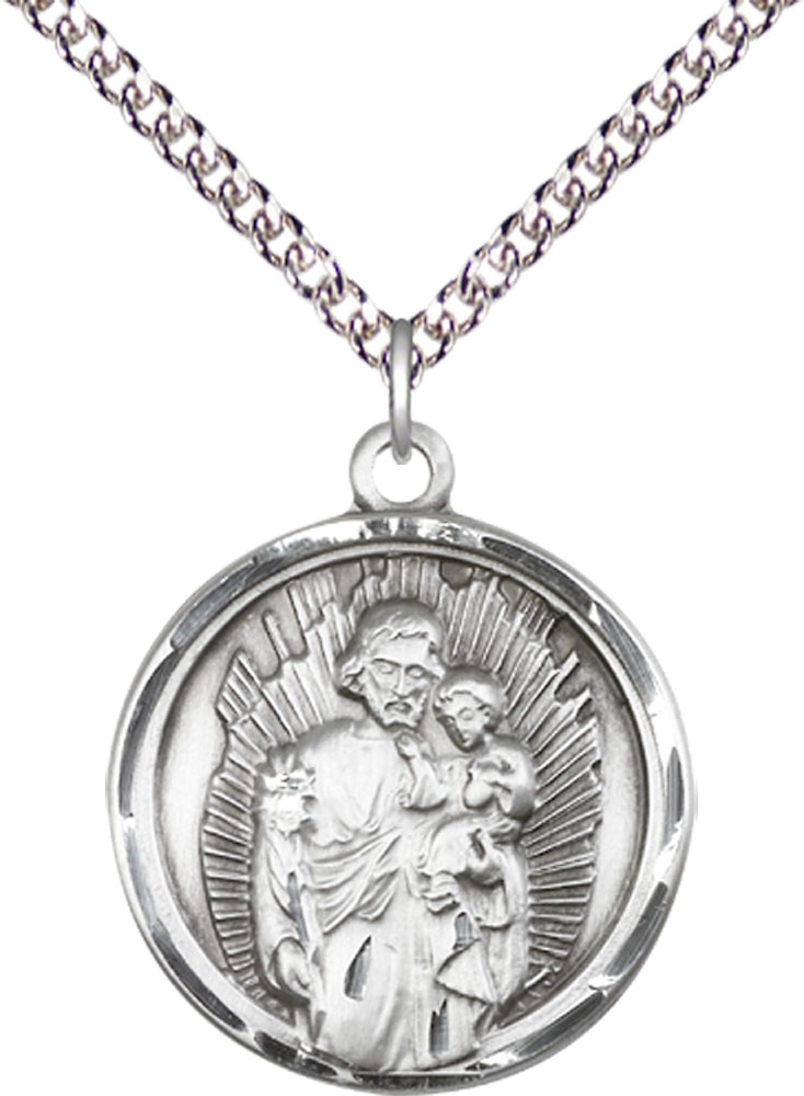 Sterling Silver Saint Joseph Pendant on a 24 inch Sterling Silver Heavy Curb chain