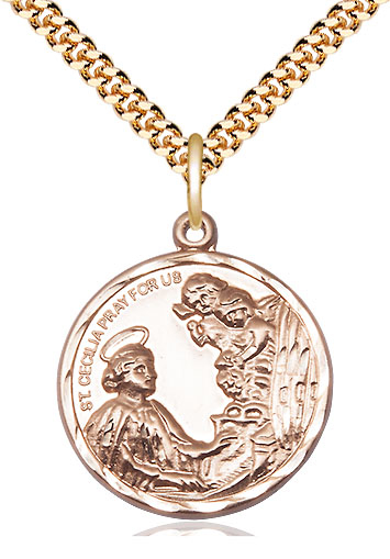 14kt Gold Filled Saint Cecilia Pendant on a 24 inch Gold Plate Heavy Curb chain