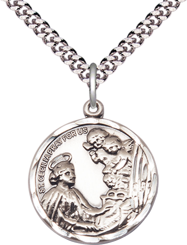 Sterling Silver Saint Cecilia Pendant on a 24 inch Light Rhodium Heavy Curb chain